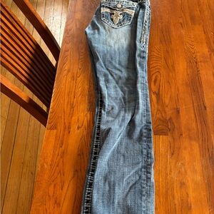 Rock Revival Women's Straight Leg Jeans in Faded Blue with Embroidered Pocket